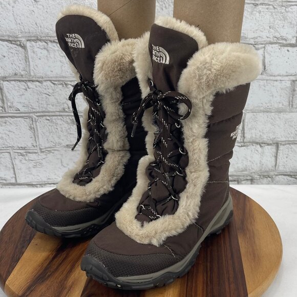 The North Face Womens 7.5 Brown Goose Down Faux Fur insulated Brown Winter Boots - Picture 1 of 15